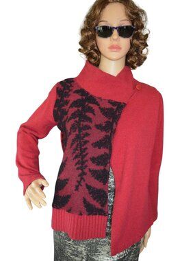 Vintage 90s Ecology Asymmetrical Cardigan Merino Angora Red Black Women Size XS
